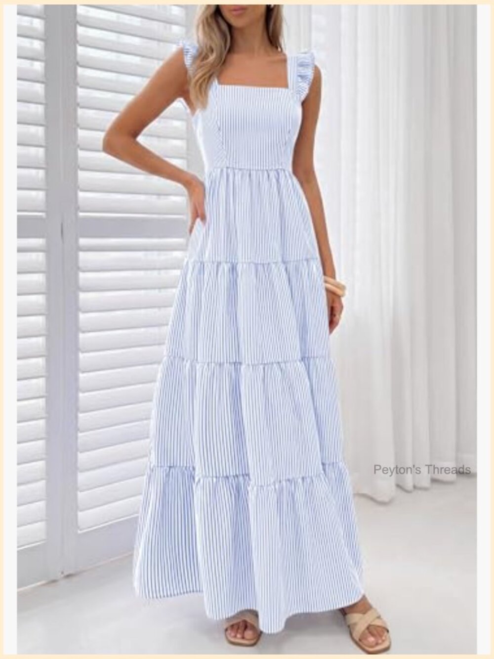 Women's Striped Square Neck Sleeveless Maxi Dress with Pockets - Picture 5 of 7